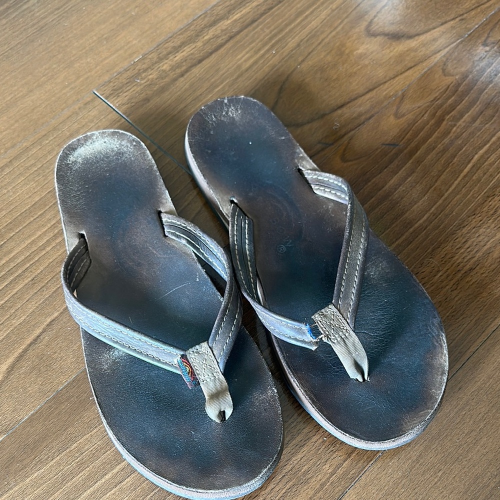 Rainbow Brown Leather Flip Flops